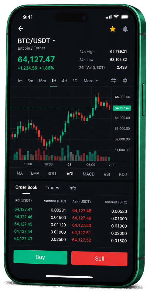 Application mobile Souverain Noyavex — graphique BTC/USDT en direct, carnet d’ordres et outils de trading